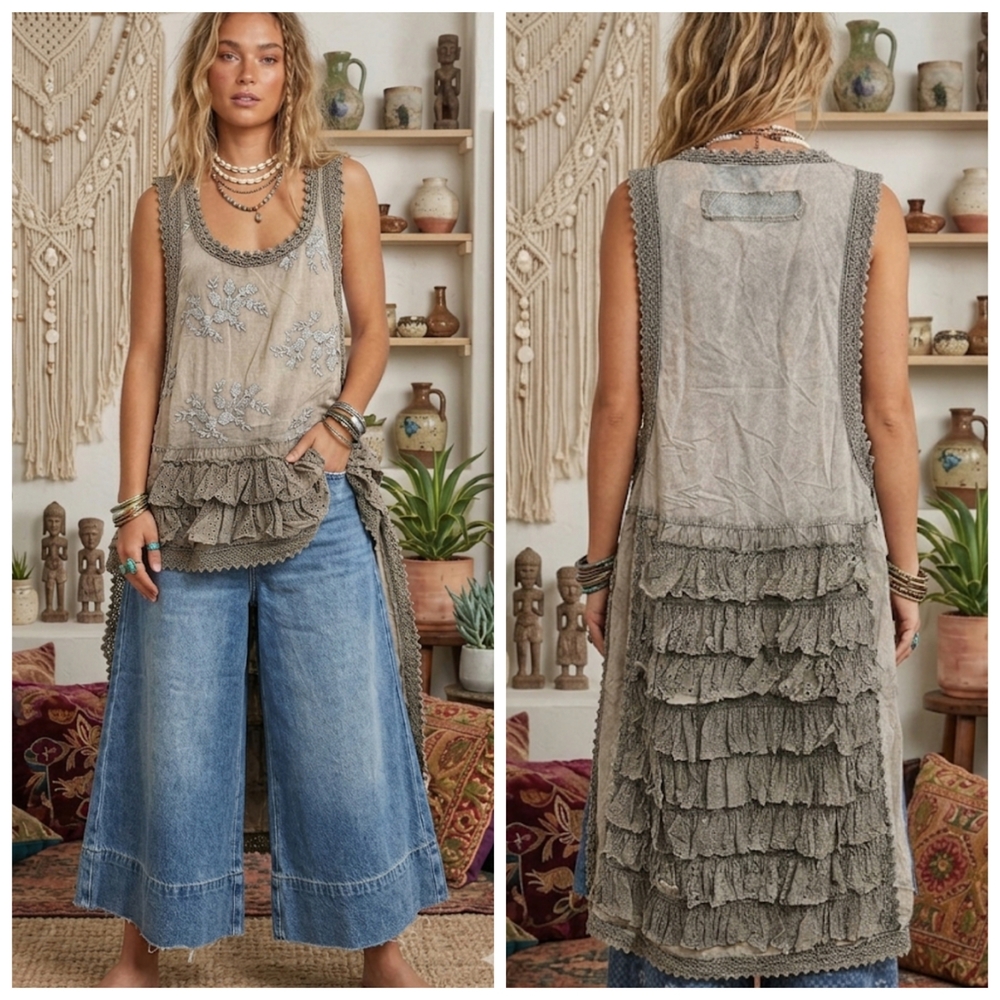 Boho Ruffle Embroidered Eyelit Vintage Wash Tunic High Low